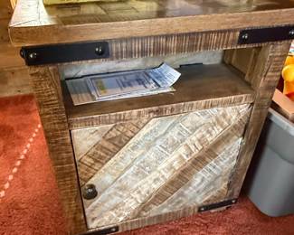 Rustic Mango Wood Nightstand with Chevron Door and Charging Station - Set of 2