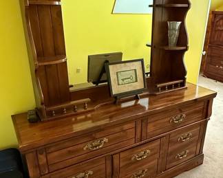 Vintage Solid Knotty Pine Rustic Americana Dresser with Mirror