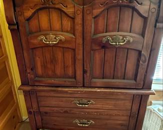 Vintage Solid Knotty Pine Rustic Americana Armoire and Nightstand Set