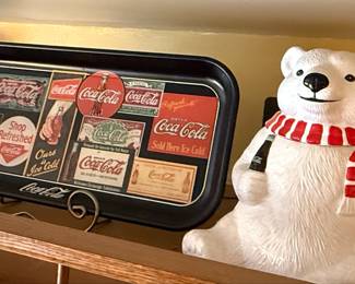 Coca-Cola Polar Bear Cookie Jar and Vintage Advertising Tray