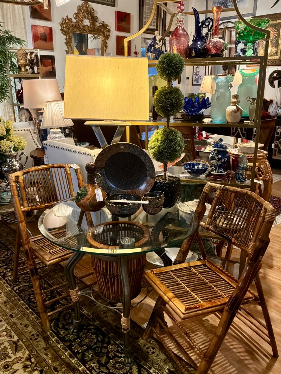 Glass Top Occasional  or Cafe Table, Clear Lacquered Bamboo Chairs, Fine Japanese Porcelain Set (platter, serving bowl, 5 serving bowls), Contemporary Chrome Table Lamp, Faux Potted Topiary 