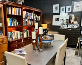 Contemporary Dining Table & Chairs, Contemporary Bar Cabinet, Art Glass Bowl Centerpiece, Pillar Candle Holders, Vintage & Antique Books, Round Wall Mirrors (2 matching) 