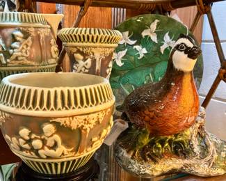 Collection of Vintage Roseville "Donatello" Pottery, Large-Scale Hand Painted Porcelain Quail Figurine, Decorative Porcelain Plates