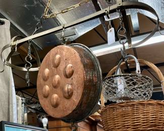 Vintage Pot Rack, Vintage Copper Pot, Baskets 