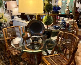 Glass Top Occasional  or Cafe Table, Clear Lacquered Bamboo Chairs, Fine Japanese Porcelain Set (platter, serving bowl, 5 serving bowls), Contemporary Chrome Table Lamp, Faux Potted Topiary 