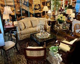 2-Cushion Roll Arm Sofa, Hand Made Export Screen/Room Divider by Maitland Smith, Crystal Lamps, Pair of William Sweitzer Arm Chairs, Late 20th Century Blanc Glazed Ceramic Elephant Garden Stool