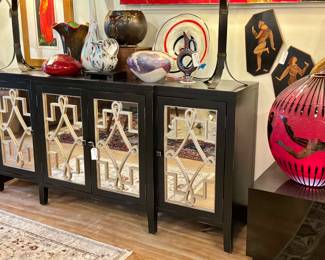 4-Door Mirrored Contemporary Buffet, Art Glass, Murano and Murano-Style Vases, Duncan McClellan Art Glass Sculpture "Oblivious" with Lighted Display Stand