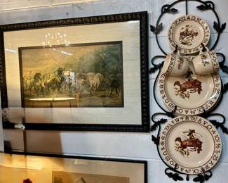 Antique Framed Color Print "The Horse Fair" by Rosa Bonheur, Vintage True West Westward Ho "Rodeo" Pattern Ceramic 5-Pc Place Settings (made in California)