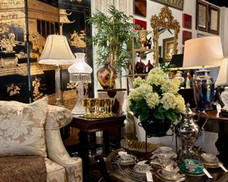 Crystal Lamps, Silk Hydrangea Centerpiece, Silverplate Coffee Urn, Vintage Porcelain Tea Trio Sets, Faux Bamboo Tree and MOre!