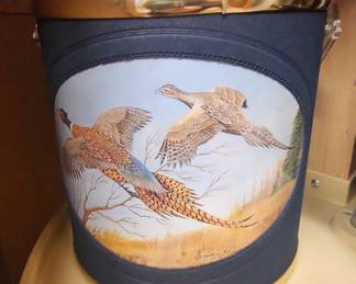 Vintage Pheasant Hunting Scene Fabric Ice Bucket with Brass Accents