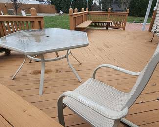 Glass Top Octagonal Patio Table with Metal Frame and Woven Chair