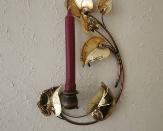 Vintage Brass Leaf Wall Sconce with Red Candle