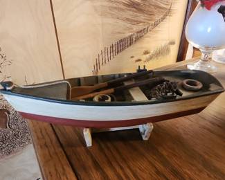 Hand-Painted Wooden Rowboat Model