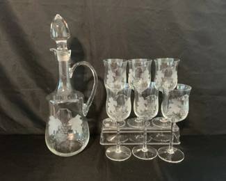 Vintage Etched, Grape And Leaf Carafe Pitcher And Six Goblets
