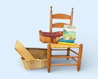 Vtg Woven Rush Seat Wood Side Chair, Books Baskets