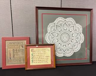 Two Framed Crosstitch 1 Crochet Doily Pictures