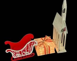 Christmas Decor LotLighted Gift Box, Santa Sleigh,  Rustic Church