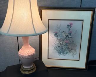 Vtg. Pink Porcelain Lamp Framed Goldfinch Print