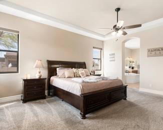 King set with 2 side tables and large dresser. Purple matress and many decor items. 