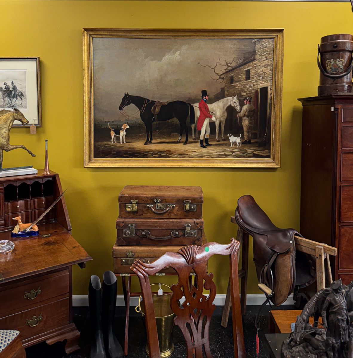 Percy Forster (19th Century) Dated 1848 English sporting scene with horses, hounds, and figures outside a country stable. Oil on canvas in gilt frame. A classic equestrian composition. Acquired from Sotheby’s in the 1990s.