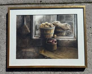 Hubert Shuptrine Watercolor – “Alma’s Cellar,” 1978 Beautiful watercolor by celebrated Chattanooga artist Hubert Shuptrine, titled Alma’s Cellar and dated 1978. This richly detailed still life depicts baskets of potatoes and apples beside a farmhouse window, rendered in Shuptrine’s distinctive watercolor technique that closely resembles tempera painting. Shuptrine was internationally recognized for his masterful control of watercolor and his deeply atmospheric Southern subjects. His works are held in major museum and private collections.