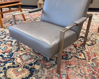 Thayer Coggin Modern Lounge Chair Sleek designer lounge chair by Thayer Coggin (High Point, NC). Gray leather upholstery with clean brushed metal frame and modern architectural lines. Comfortable, stylish, and perfect for a contemporary interior.