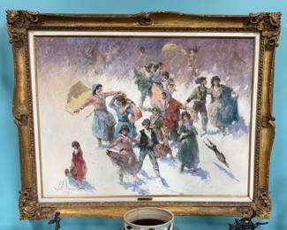 Large impressionist oil painting “Today’s Christmas” by Vladan Stiha (1908–1992). Stiha, a Yugoslavian-born artist who later worked in the Americas, is known for vibrant, expressive scenes inspired by European and South American influences. This lively winter celebration scene features figures moving through snow with dynamic brushwork and color. Presented in an ornate gilt frame, it makes a striking statement piece for a living room, gallery wall, or designer interior.