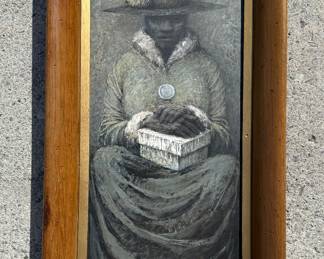 Robert Vickrey – “The Box” Atmospheric figurative work titled The Box by noted American artist Robert Vickrey. This evocative composition depicts a seated figure holding a small box, rendered in Vickrey’s distinctive tonal style. Verso retains original Midtown Galleries, New York label (A.D. Gruskin, director), providing strong gallery provenance. Signed and dated. A compelling mid-century American artwork.