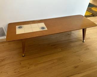 Mid Century Angled Leg Coffee Table with Unique Tile Design Motif