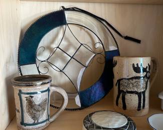 Stoneware Pottery Coffee Mugs, Stained & Clear Leaded Glass Sun Catcher