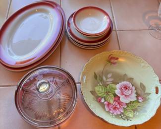 Shenango China White with Maroon Rim Dish Set