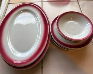 Shenango China  White with Maroon Rim Dish Set