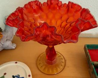 Amberina Glass Thumbprint Ruffled Pedestal Compote Dish
