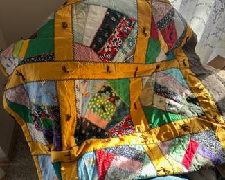 1990 Handmade Yellow & Multicolor Crazy Quilt