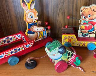 1954 Fisher Price Bunny Bell Cart Pull Toy, 1950s Fisher-Price Jolly Jumper Frog Pull Toy, 1955 Fisher Price Teddy Bear Xylophone Pull Toy