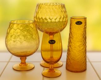 MCM Amber Glass Empoli Brandy Snifter, MCM Amber Glass Empoli Ball Vase, MCM Rossini Optic Glass Amber Vase – Made in Italy, MCM Guildcraft Amber Vase – Made in Italy
