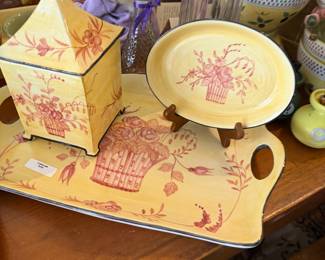 hand-painted yellow ceramic tableware set featuring a floral basket motif