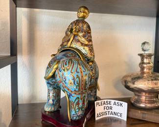 vintage Chinese gilt-bronze and cloisonné enamel sculpture of a figure riding an elephant. 