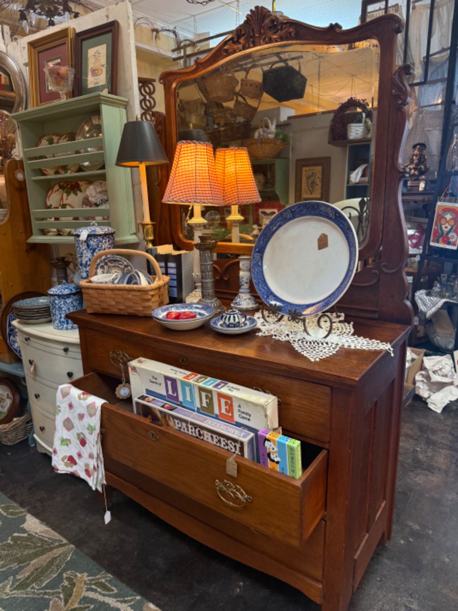 Beautiful antique dresser, lamps, tea bowls, books, games, dishware