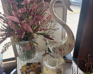 pretty swan figurine, vases, glass basket