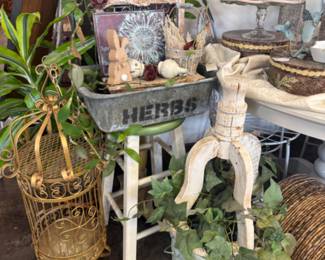 vintage decorative birdhouse, bunnies, plants, decor