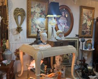 vintage side table, wall sconces, lamps