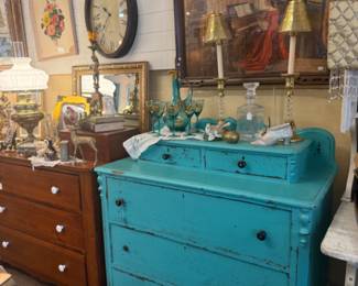 beautiful refurbished furniture, clocks, framed artwork, aladdin style lamp with brass base
