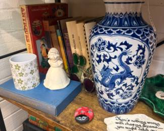 dragon blue and white vase, books, Pyrex inspired books