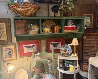 baskets, framed art, side tables, antique chairs