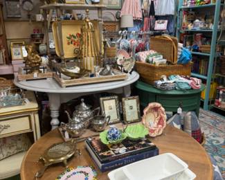 vintage tables, casserole dishes, brass, tole tray