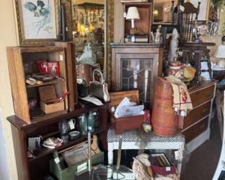 vintage books, large copper pieces, tins, framed artwork mirrors