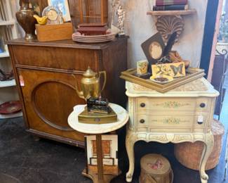 beautiful vintage dry sink, decorative side table, shell wall shelf, decorative wooden bird house, framed art