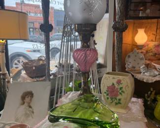 beautiful vintage pink and clear glass unique lamp, floral vase, table runner, art