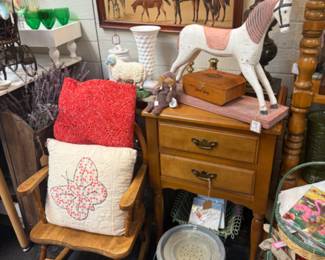 horse framed art, vintage child's rocking chair, large wooden candelstick